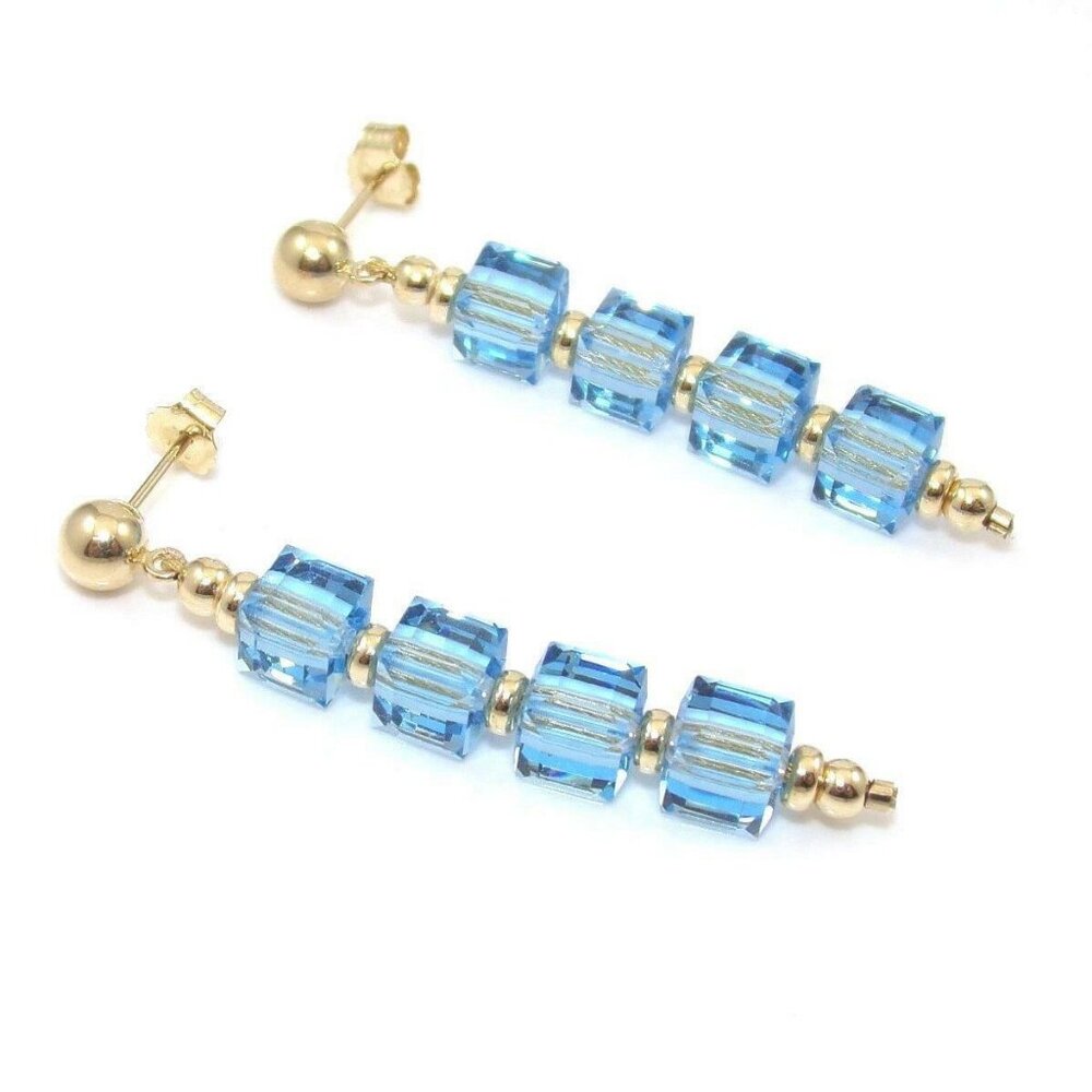 14K Yellow Gold Square Blue Glass Bead Ball Dangle Earrings
